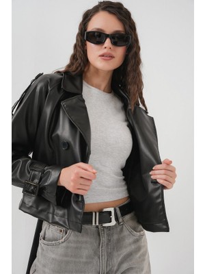 Passense Kemerli Suni Deri Ceket 1046 - Siyah