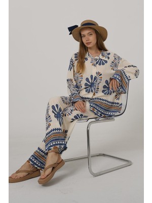 Arben Boutique Desenli Kolları Volanlı Pantolon Takım - Mavi