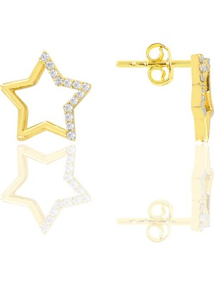 Gümüş Altın Yaldızlı Zirkon Taşlı Çivi Modeli Yıldız Küpe SGTL12214GOLD