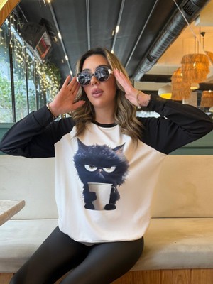 Arben Boutique Kadın Uzun Kollu Bisiklet Yaka Kedi Baskılı Şardonlu Dalgıç Bluz