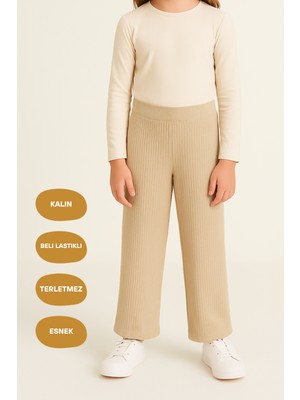 Comeor Beli Lastikli Bej Kız Çocuk Eşofman Altı - Rahat Geniş Paça Kalın Kumaş 7-8-9-10-11-12-13-14 Yaş