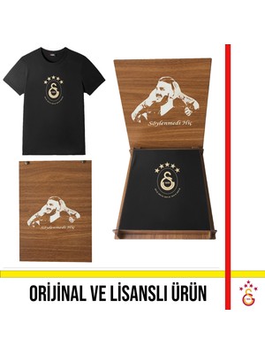 Galatasaray Lisanslı 2025 Logolu Şampiyonluk Siyah T-Shirt Hediye Icardi Ahşap Kutulu