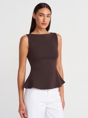 21001 Kayık Yaka Peplum Top-Koyu Kahve