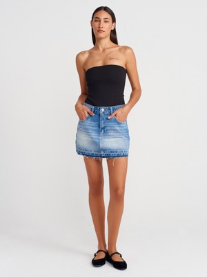 80586 Uc Bölümü Izli Mini Denim Etek-Mavi