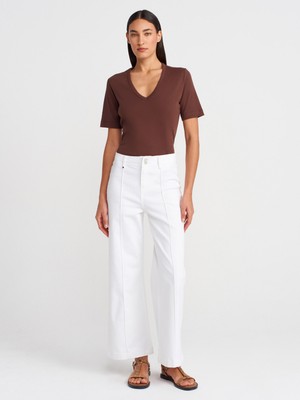 72004 Kalın Kemerli Nervür Dikişli Denim Pantolon-Beyaz