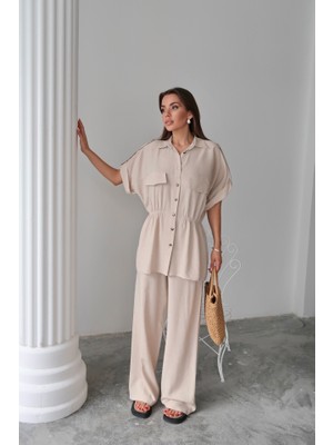 Arben Boutique Keten Belden Büzgü Detaylı Gömlek - Pantolon Takım - Bej