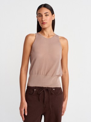 10766 Bisiklet Yaka Ince Triko Bluz-Vizon