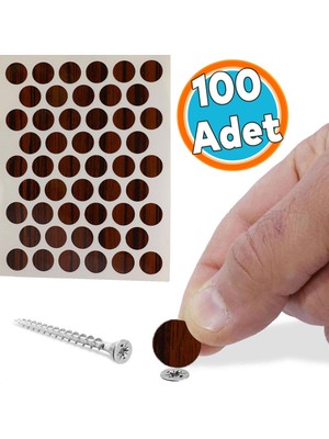 Vida Tapası Tıpası Yapışkanlı Parlak Abanoz Ahşap Desenli Kahverengi Vida Kapatıcı Kapağı (100 Adet)