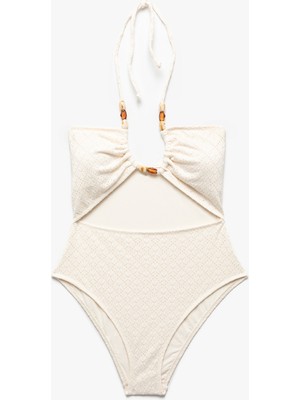 Koton Astarlı Boyundan Bağlamalı Boncuklu Dokulu Mayokini