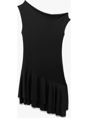 Koton Slim Fit Asimetrik Açık Omuz Fırfırlı Mini Elbise