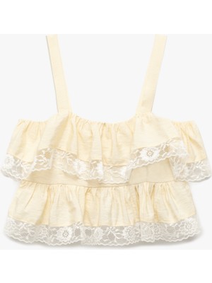 Koton Viskon Kumaş Bol Kalıp Kare Yaka Askılı Crop Fırfırlı Dantelli Bluz