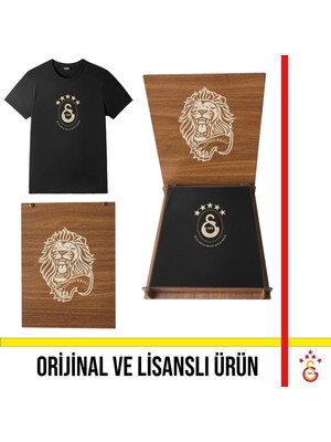 Galatasaray Lisanslı 2025 Logolu Şampiyonluk Siyah T-Shirt Aslan Ahşap Kutulu
