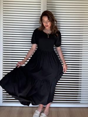 Arben Boutique Kadın Kısa Kollu Yakası Açık Katlı Bürümcük Balon Elbise