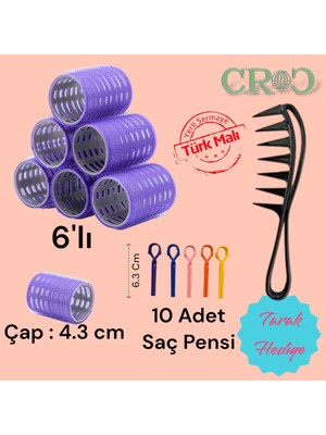 Croc 1215 Büyük Boy Bigudi 6lı (+ Saç Pensi 10lu) Cırtlı - Yapışkanlı Saç Bigudisi Mor