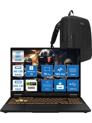 Asus Tuf Gaming F16 FX608JMR 14. Nesil Intel I7-14650HX 80GB Ddr5 256GB SSD 8GB/RTX5060 115W 165Hz 16"wuxga Fhd+ 300NITS IPS WIN11HOME Gaming Bilg. WRV077H21+ZETTAÇANTA