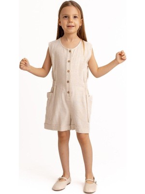 Yanları Cepli Kısa Boy Keten Tulum 2-7 Yaş Naturel