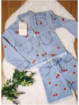 Vişne Işlemeli Ceketli Şortlu 2 Li Kot Takim. Açik Mavi. 3-10 Yaş