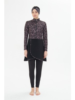 Tam Kapalı Likralı Desenli Etekli Tesettür Mayo Siyah 3482-S