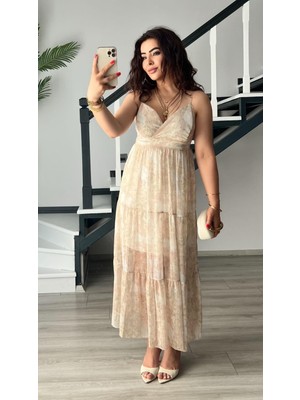 Bej Floral Desen Ayarlanabilir Askılı Şifon Elbise