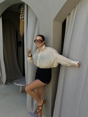 Breeze Oversize Taş Detaylı Gömlek Bej