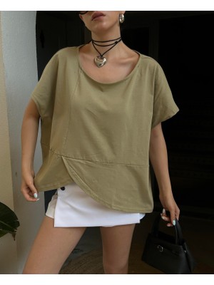 Kadın Küf Yeşili Arkası Modelli Tasarım Penye Bluz 29113