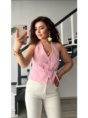 Şeker Pembe Belden Kemerli Yelek