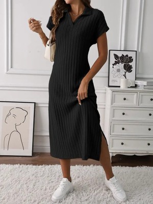 Arben Boutique Kadın Kısa Kollu Yakalı Yandan Yırtmaçlı Kalın Fitilli Kaşkorse Elbise