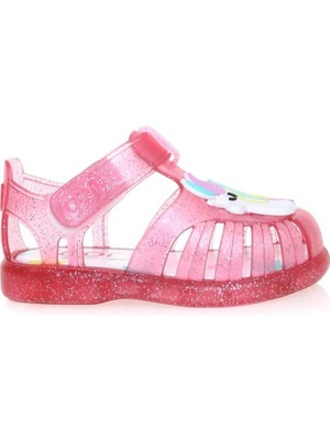 Igor S10279 Unicornio Kız Çocuk Sandalet Simli Fuşya PVC Malzemeden Cırtlı Tasarım Özellikli