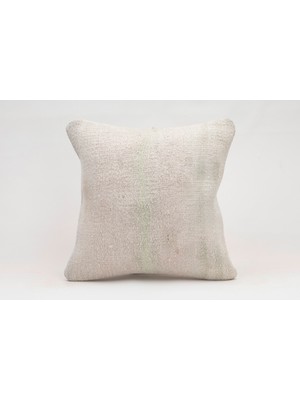 El Yapımı Kilimden Yapılmış Vintage Kırlent Kılıfı, Yün, 40X40 Cm, Kendir, Beyaz