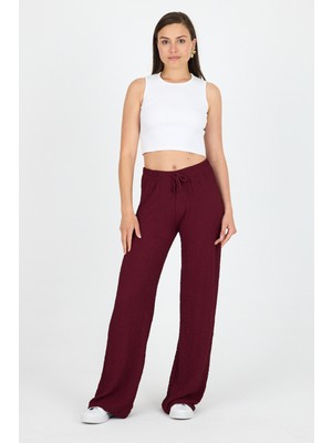 Bordo Geniş Paça Dökümlü Bürümcük Kumaş Pantolon 326