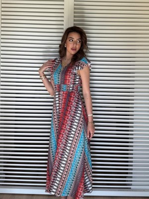 Arben Boutique Kadın Kısa Kollu V Yakalı Desenli Yandan Yırtmaçlı Süprem Elbise