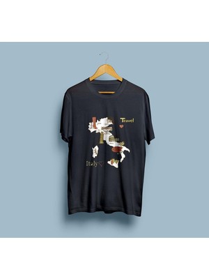 Oversize Italya Haritası ve Turistik Yerler Tasarım Unisex T-Shirt