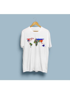 Oversize Bayraklı Dünya Haritası Baskılı Unisex T-Shirt