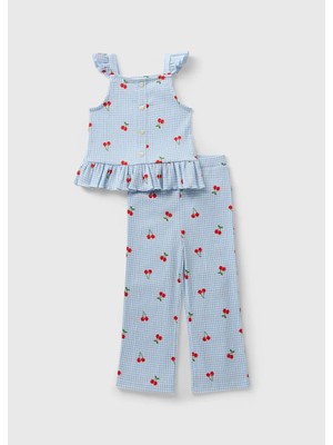 Lupinn Moda Kız Çocuk Mavi Ekose Desenli Kiraz Baskılı Ikili Yazlık Takım