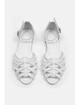 Leila Beyaz Hakiki Deri Kadın Sandalet