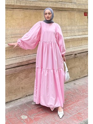 Lamelif Balon Kol Yazlık Elbise Şeker Pembesi Dokuma Kumaş Düz Desen Oversize Stil