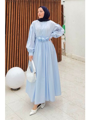 Pileli Poplin Elbise Bebe Mavisi