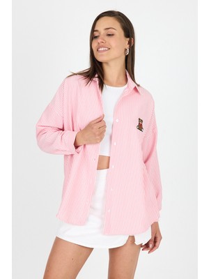 Pembe Çizgili Ayıcık Nakışlı Pamuklu Oversize Gömlek 4689A