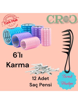 Croc 1225 Karma Bigudi 6lı + Saç Pensi 12lı Cırtlı - Yapışkanlı Saç Bigudisi
