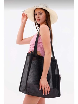 Kum Tutmayan File Plaj Çantası Siyah – Geniş Hacimli Kadın Yazlık Deniz Çantası