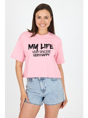 Pembe Yazı Baskılı %100 Pamuk Crop Tişört 9187M