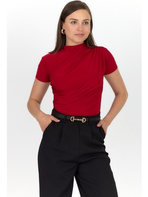 Kırmızı Kısa Kol Büzgülü Sandy Bluz 2417