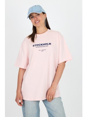 Pudra Yazı Baskılı Bisiklet Yaka Oversize Tişört 6056