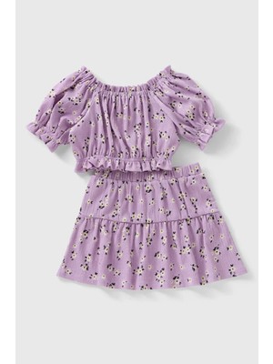 Lupinn Moda Kız Çocuk Lila Çiçek Desenli Bluz Etek Takım, Kız Çocuk Takım
