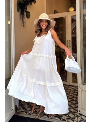 Nana & Mayka Moda Kadın Yazlık Gofre Kumaş Elbise – Ekru (Kırık Beyaz), Ayarlanabilir Askılı, Fistolu, Astarlı, Oversize Model – 6009