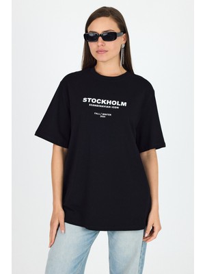 Siyah Yazı Baskılı Bisiklet Yaka Oversizetişört 6056