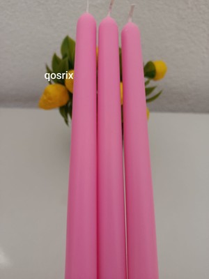 Qosrix 3'lü Pudra Pembe Şamdan Soya Mumu Doğal Pudra Kokulu Uzun Çubuk Konik Mum Dekoratif