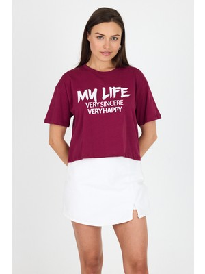Bordo Yazı Baskılı %100 Pamuk Crop Tişört 9187M