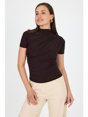 Acı Kahve Kısa Kol Büzgülü Sandy Bluz 2417