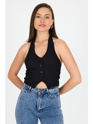 Siyah Boyundan Geçmeli Düğme Detaylı Yelek 2425